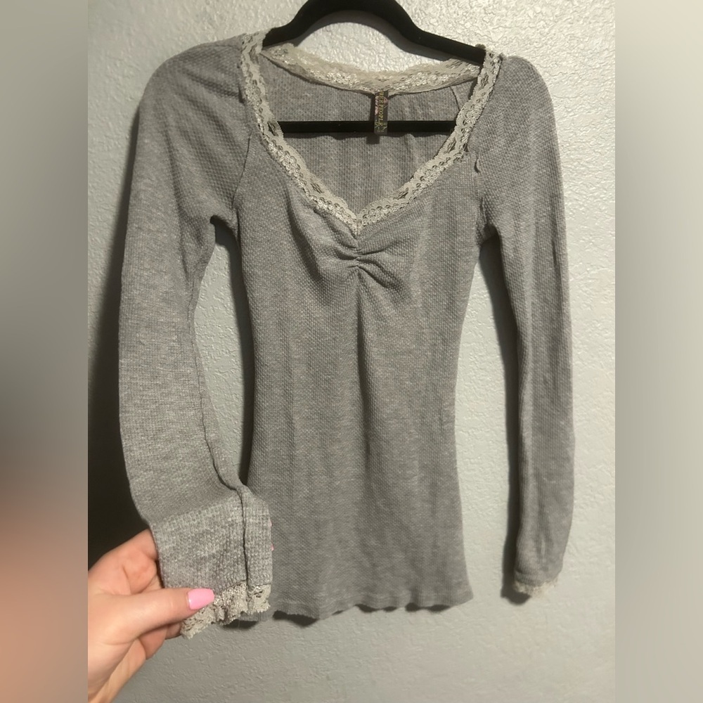 Free people waffle knit lace trim long sleeve